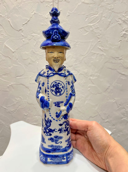 Vintage Chinese Blue and White Glazed Porcelain Qing Emperor Figurine Statue - 11.5" Tall