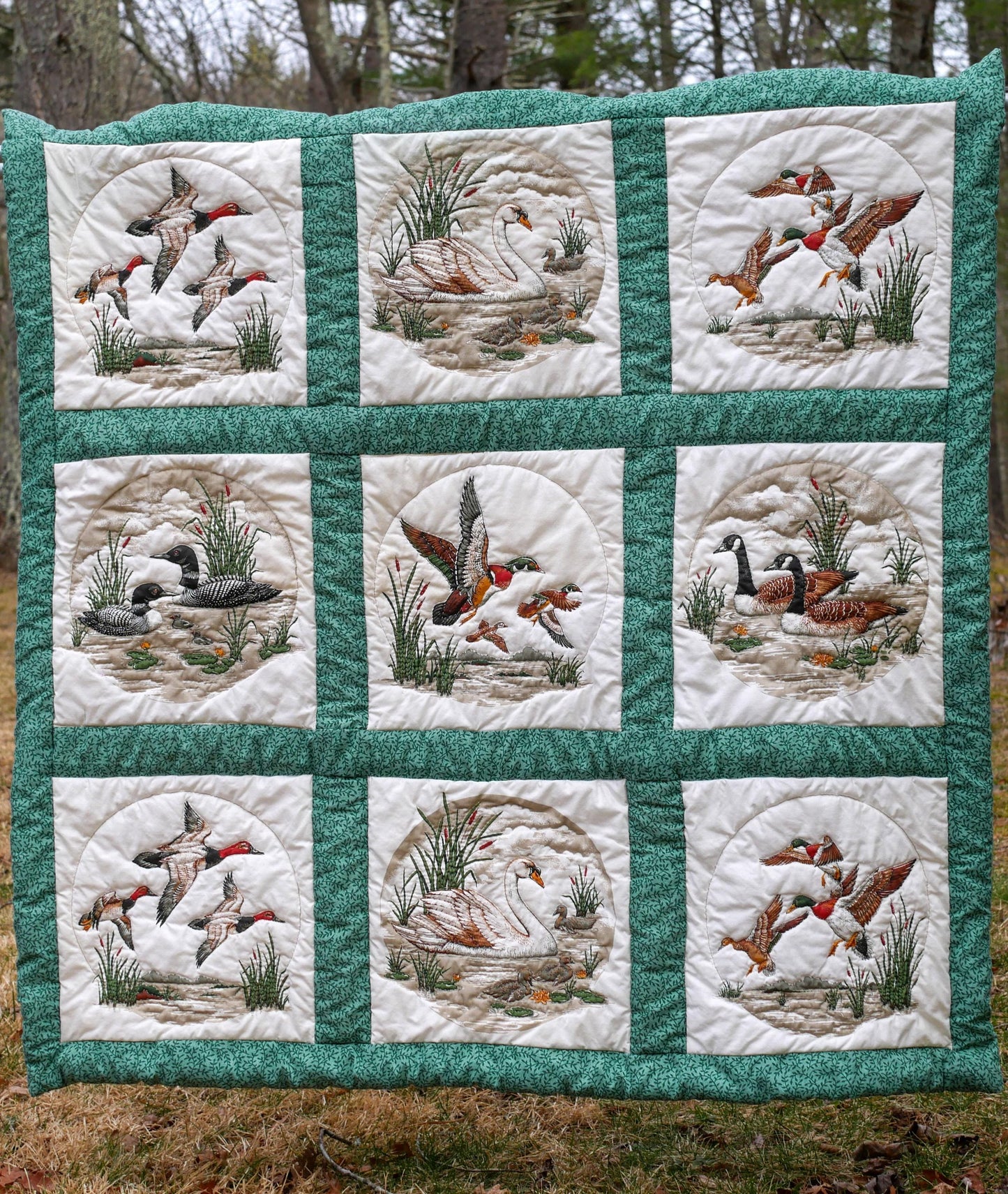 39"x39" Vintage Handcrafted Wildlife Embroidered Quilt Wall Hanging