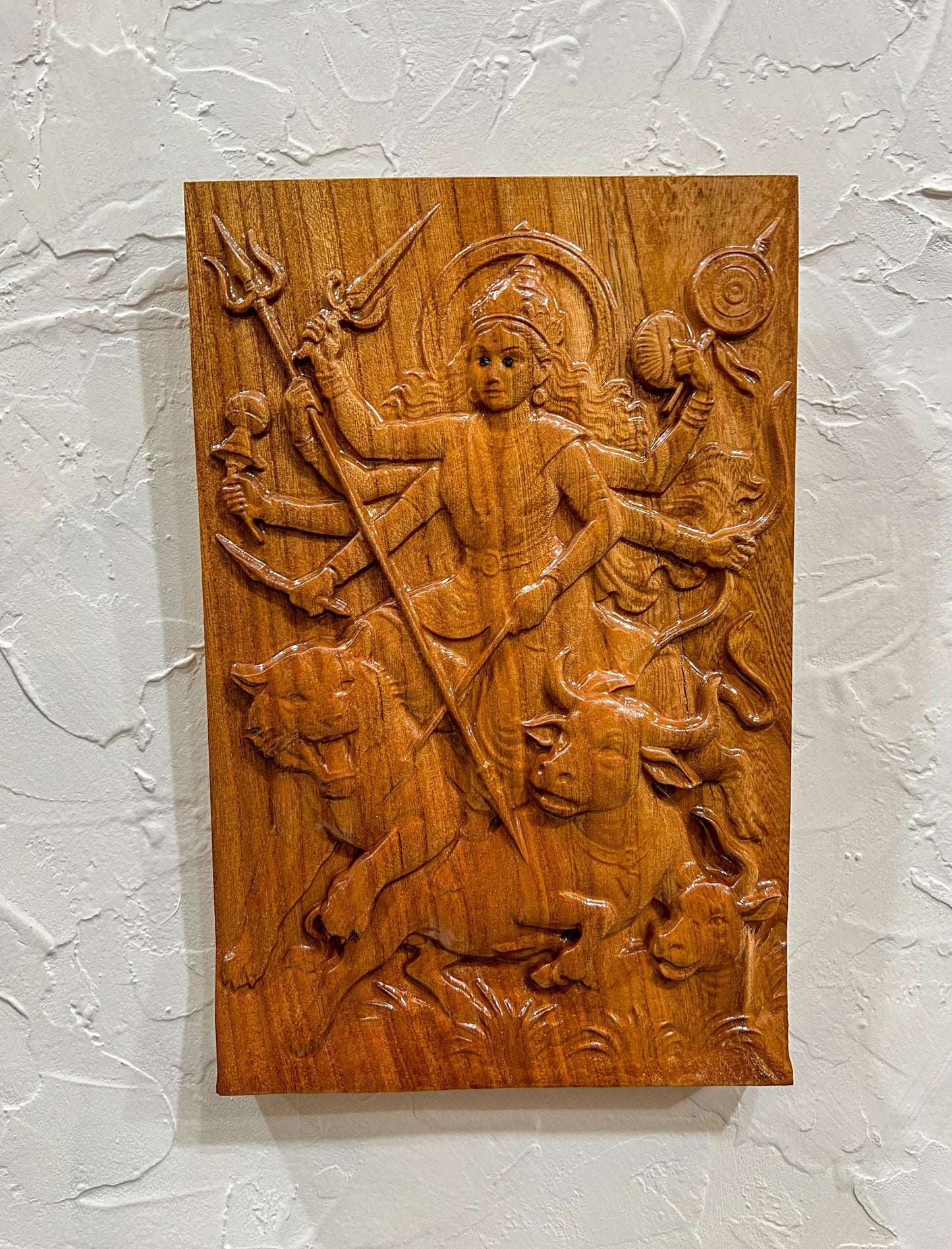 12" Tall Durga Maa Mahishasura Carving Relief Wall Plaque | Hindu Warrior Goddess