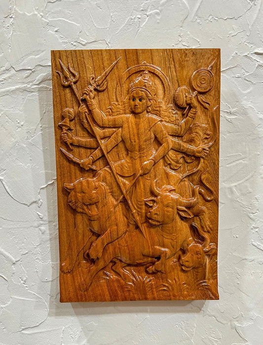 12" Tall Durga Maa Mahishasura Carving Relief Wall Plaque | Hindu Warrior Goddess