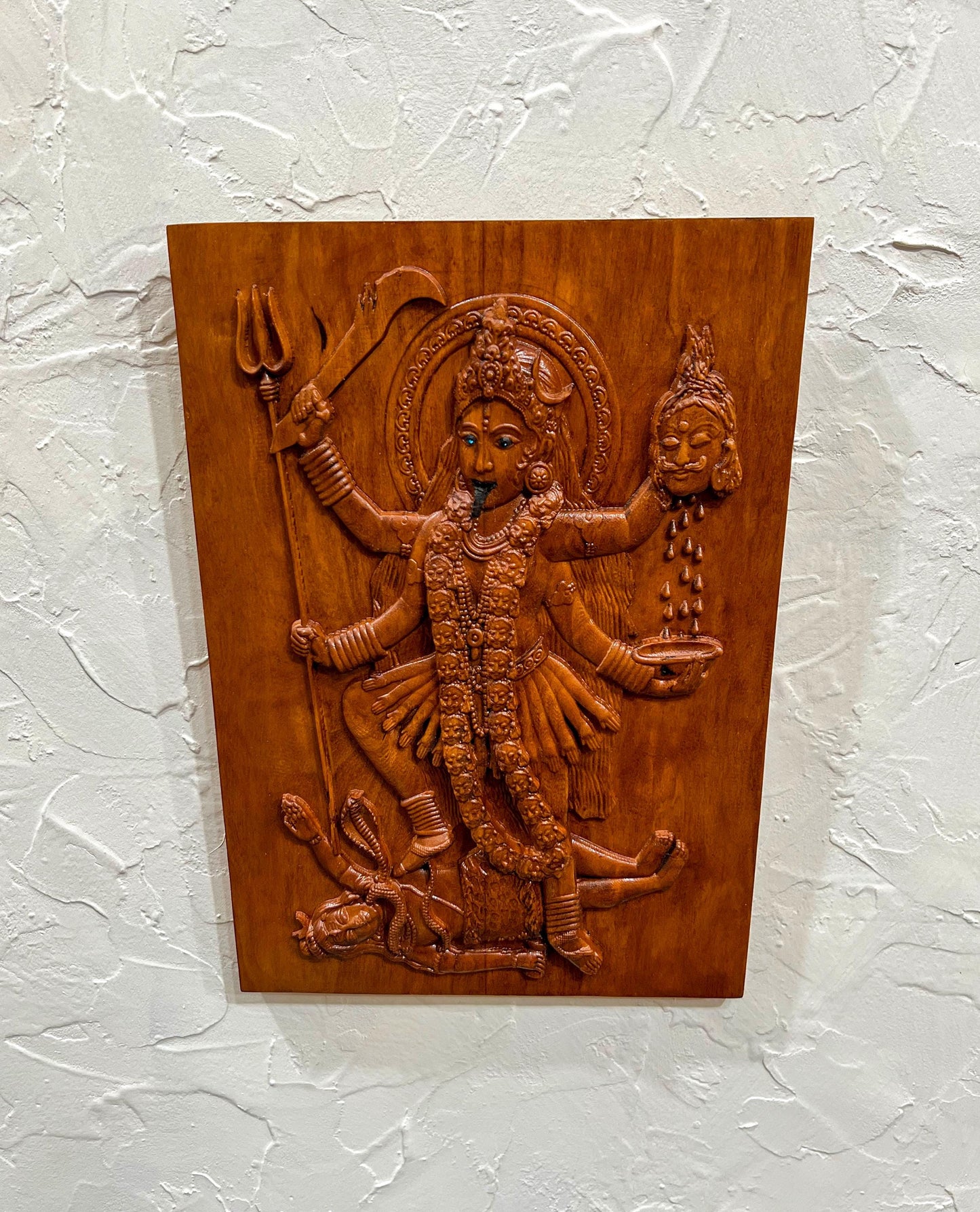 13" Tall Kali Maa Carving Relief Wall Hanging Plaque | Hindu Warrior Goddess
