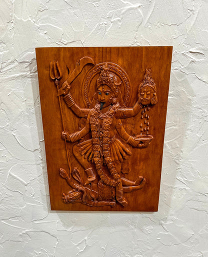 13" Tall Kali Maa Carving Relief Wall Hanging Plaque | Hindu Warrior Goddess