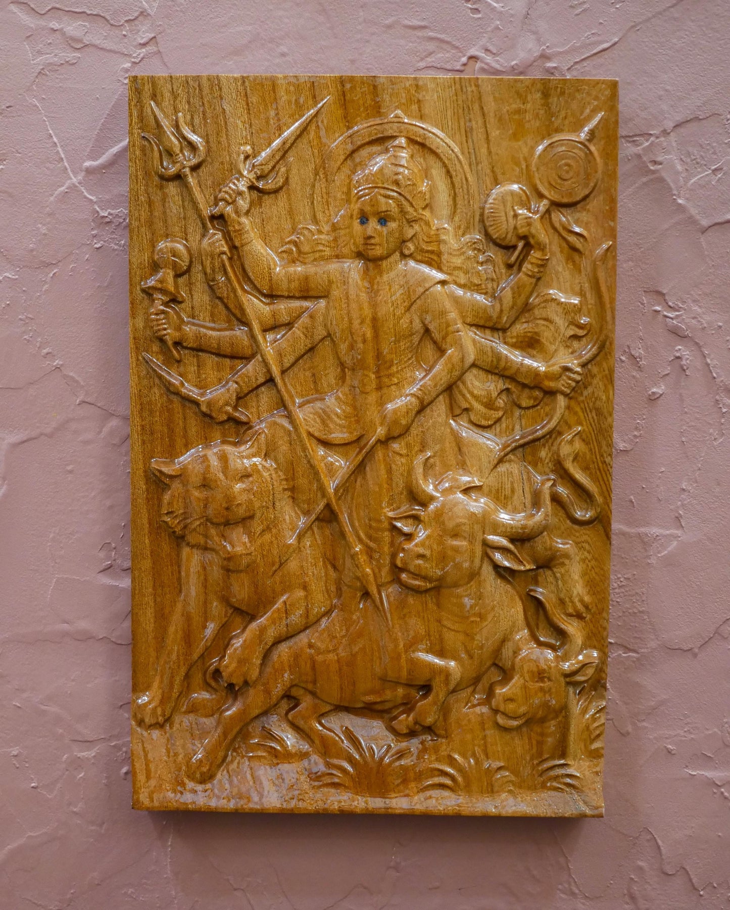 12" Tall Durga Maa Mahishasura Carving Relief Wall Plaque | Hindu Warrior Goddess