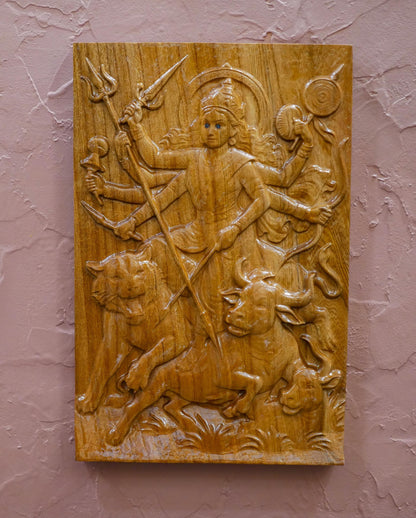 12" Tall Durga Maa Mahishasura Carving Relief Wall Plaque | Hindu Warrior Goddess
