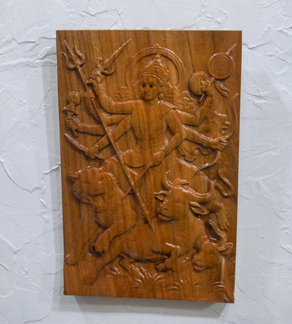 12" Tall Durga Maa Mahishasura Carving Relief Wall Plaque | Hindu Warrior Goddess