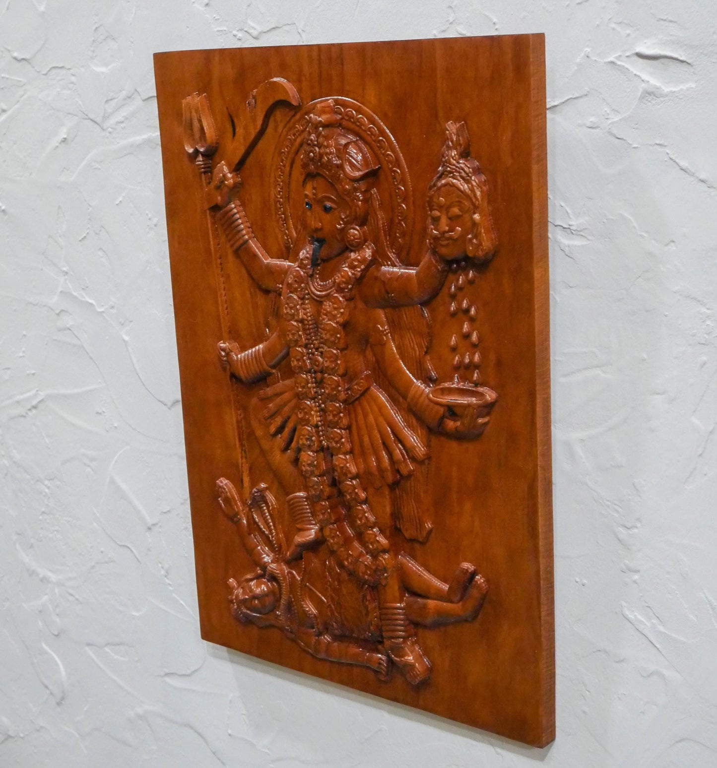 13" Tall Kali Maa Carving Relief Wall Hanging Plaque | Hindu Warrior Goddess