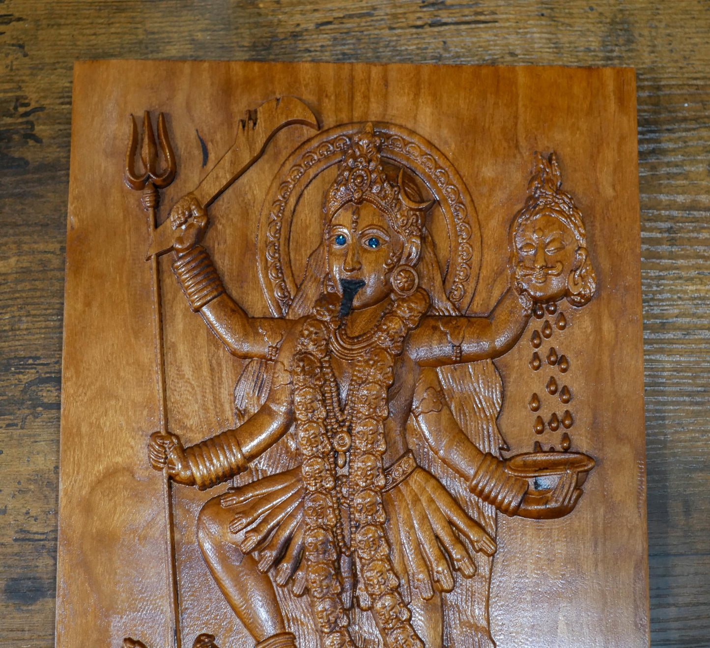 13" Tall Kali Maa Carving Relief Wall Hanging Plaque | Hindu Warrior Goddess