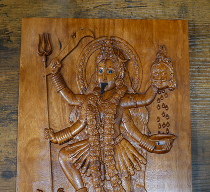13" Tall Kali Maa Carving Relief Wall Hanging Plaque | Hindu Warrior Goddess
