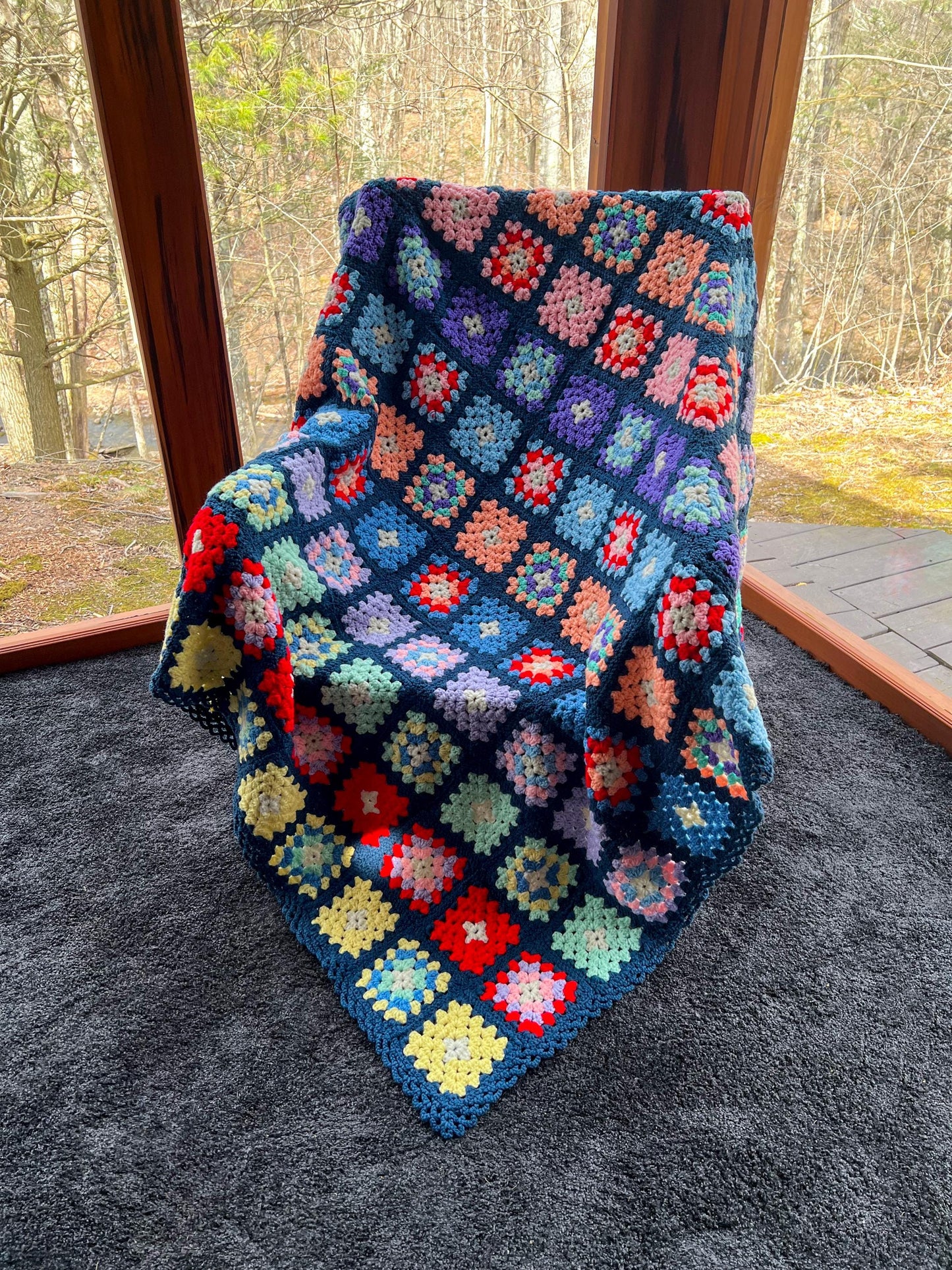 Vintage Large Granny Square Afghan Crochet Throw Sofa Blanket - 77" x 63"