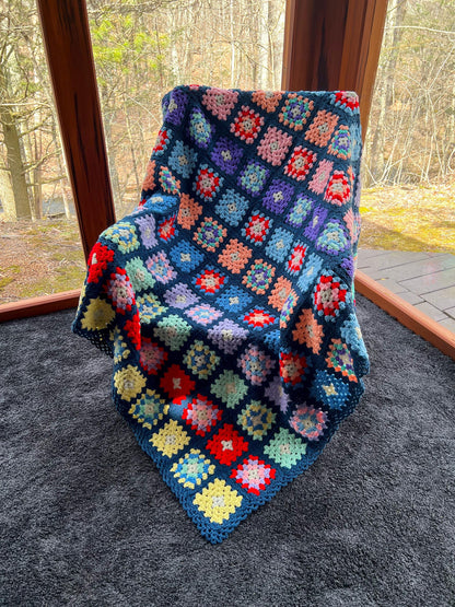 Vintage Large Granny Square Afghan Crochet Throw Sofa Blanket - 77" x 63"