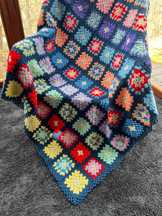 Vintage Large Granny Square Afghan Crochet Throw Sofa Blanket - 77" x 63"