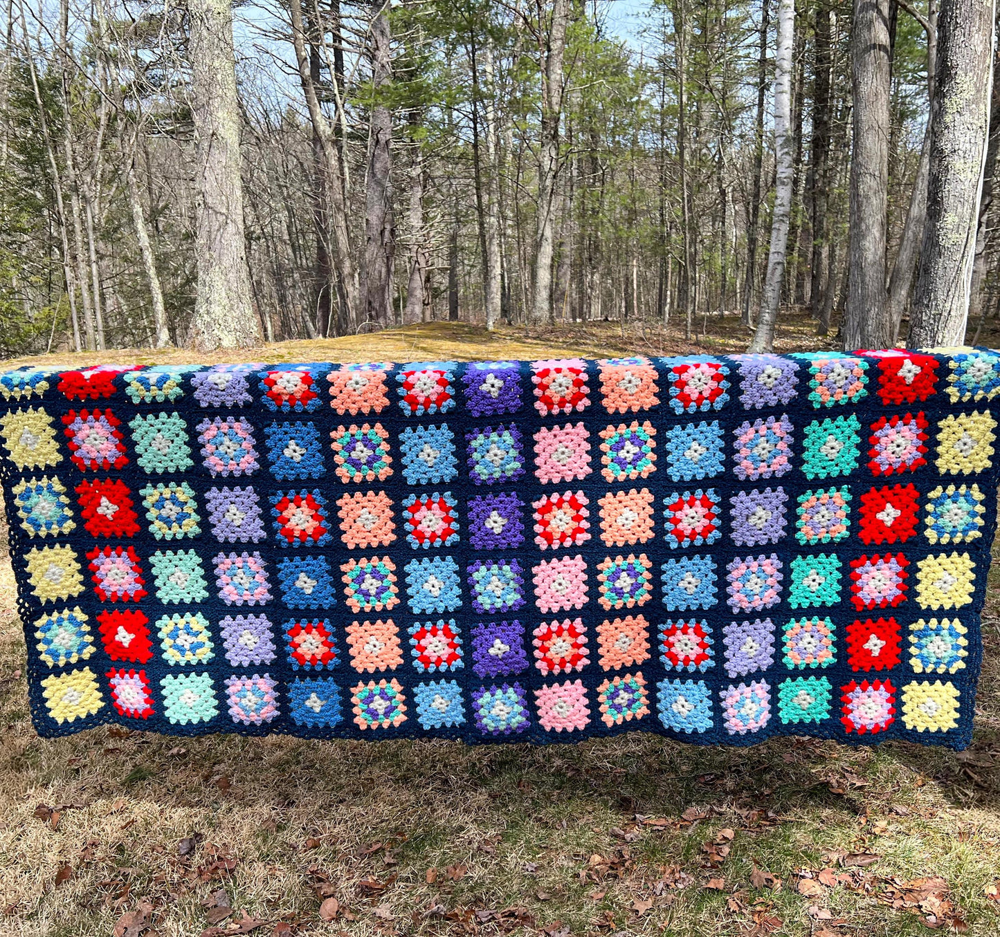 Vintage Large Granny Square Afghan Crochet Throw Sofa Blanket - 77" x 63"