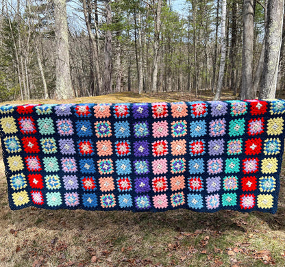 Vintage Large Granny Square Afghan Crochet Throw Sofa Blanket - 77" x 63"