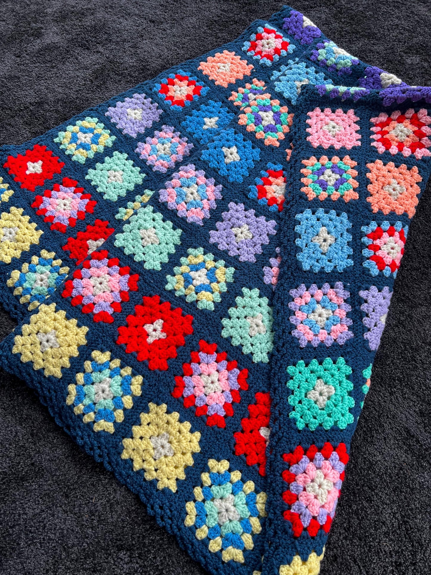 Vintage Large Granny Square Afghan Crochet Throw Sofa Blanket - 77" x 63"