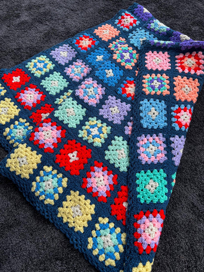 Vintage Large Granny Square Afghan Crochet Throw Sofa Blanket - 77" x 63"