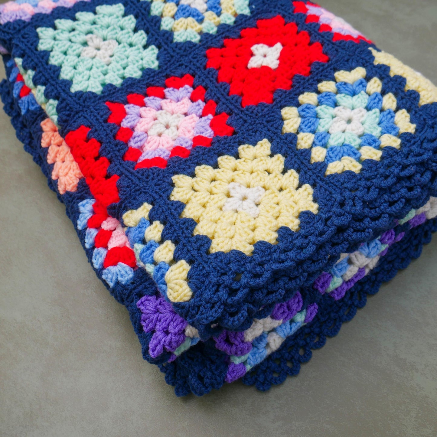 Vintage Large Granny Square Afghan Crochet Throw Sofa Blanket - 77" x 63"