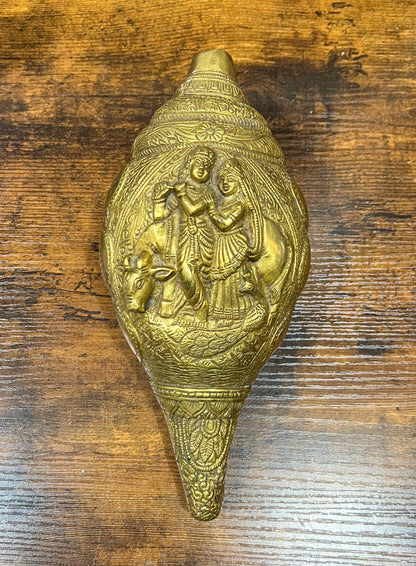 Vintage Brass Radha Krishna Shankh | Religious Hindu Trumpet Conch - 9.5" Long
