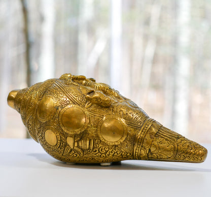 Vintage Brass Radha Krishna Shankh | Religious Hindu Trumpet Conch - 9.5" Long