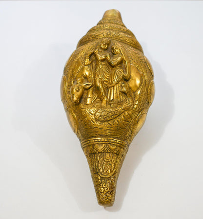 Vintage Brass Radha Krishna Shankh | Religious Hindu Trumpet Conch - 9.5" Long