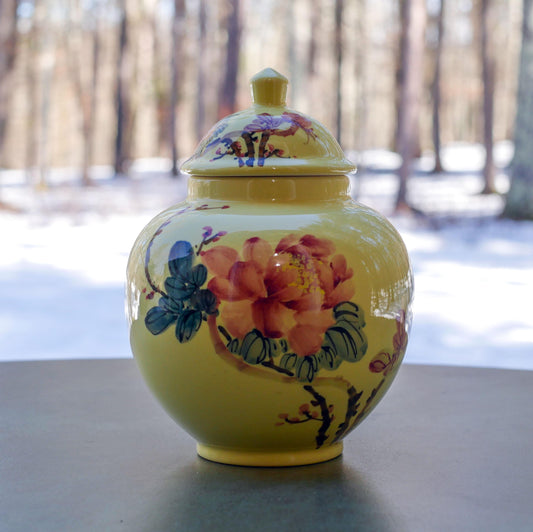 Vintage Chinese Yellow Floral Porcelain Marked Porcelain Ginger Jar  - 8" Tall