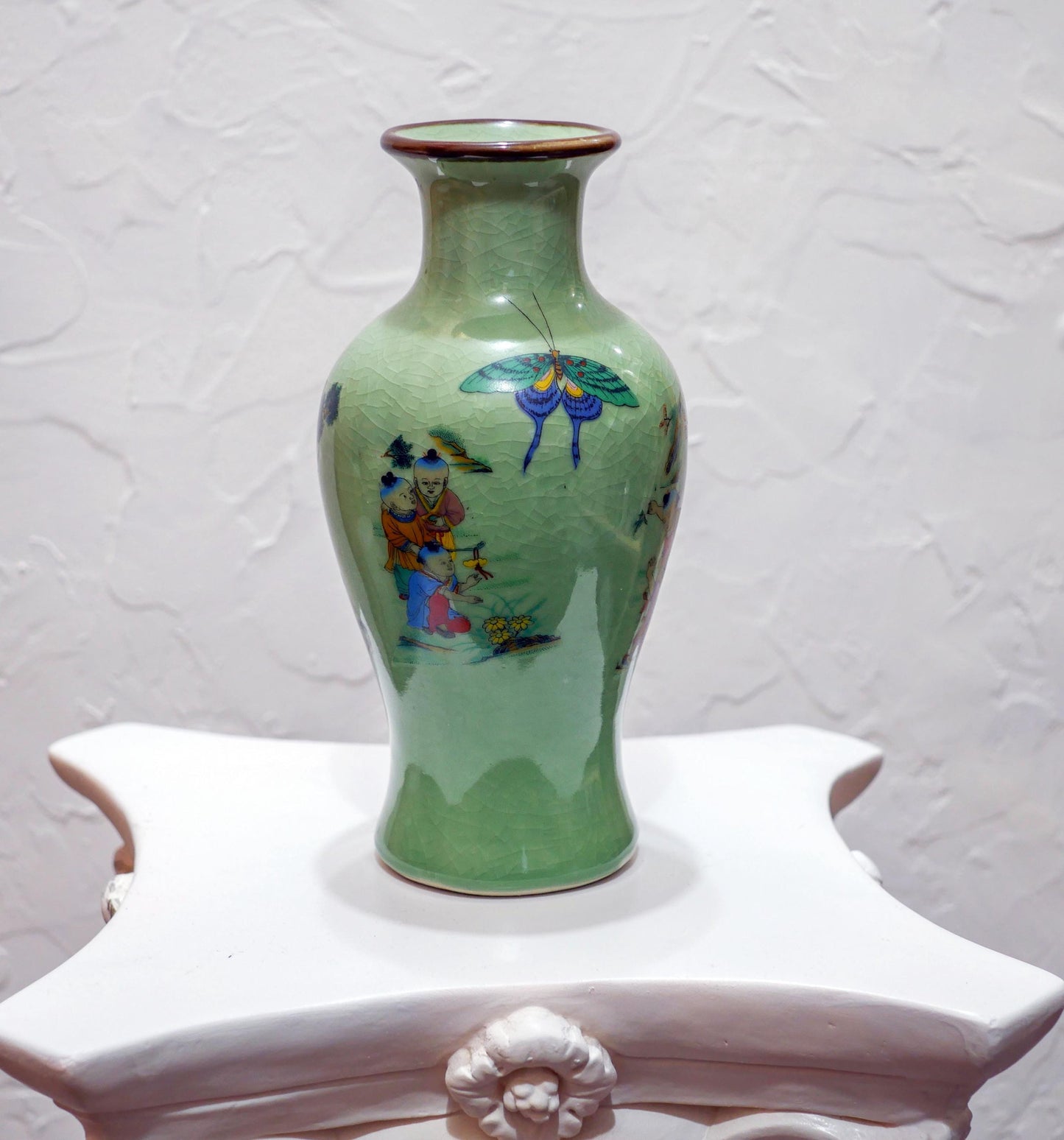 Vintage Chinese Ceramic Crackle Celadon Hand-Painted Scenic Vase - 9.5" Tall