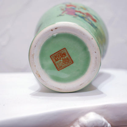 Vintage Chinese Ceramic Crackle Celadon Hand-Painted Scenic Vase - 9.5" Tall