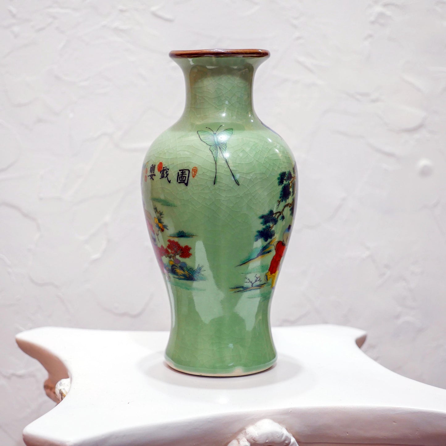 Vintage Chinese Ceramic Crackle Celadon Hand-Painted Scenic Vase - 9.5" Tall
