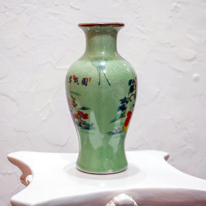 Vintage Chinese Ceramic Crackle Celadon Hand-Painted Scenic Vase - 9.5" Tall