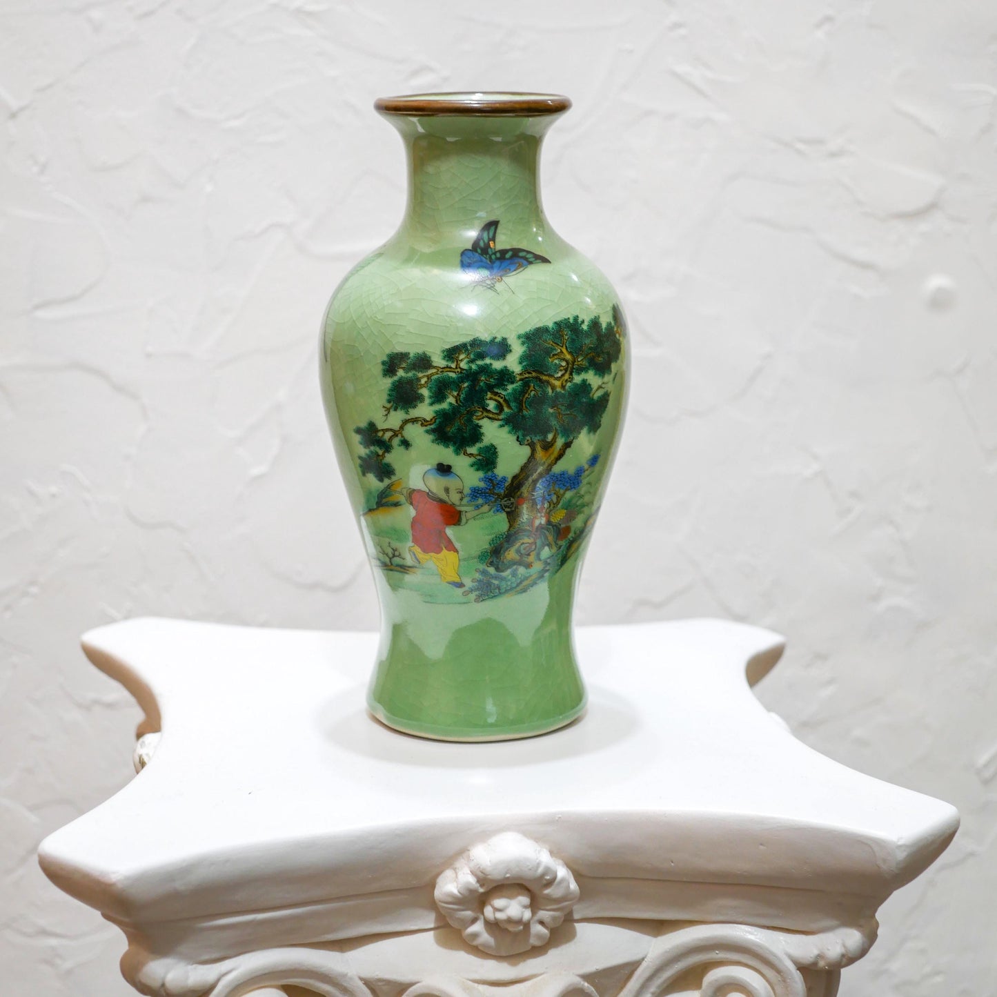 Vintage Chinese Ceramic Crackle Celadon Hand-Painted Scenic Vase - 9.5" Tall
