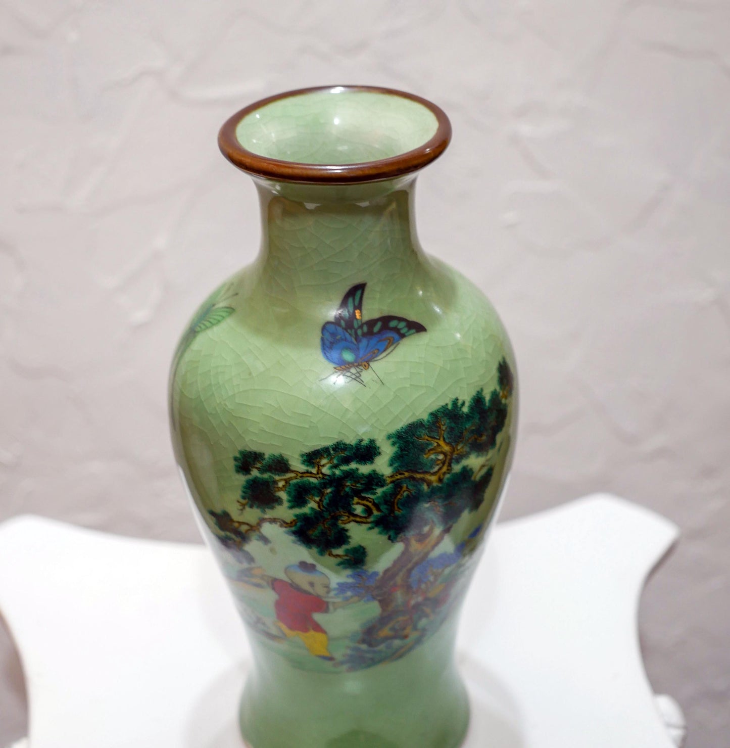 Vintage Chinese Ceramic Crackle Celadon Hand-Painted Scenic Vase - 9.5" Tall