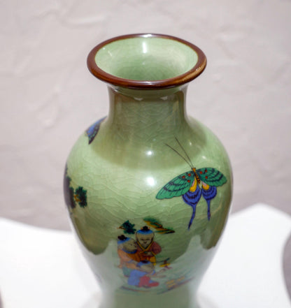 Vintage Chinese Ceramic Crackle Celadon Hand-Painted Scenic Vase - 9.5" Tall