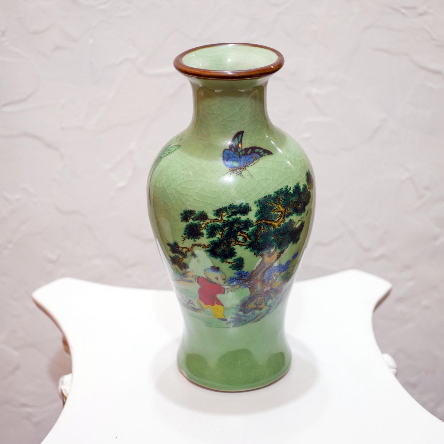 Vintage Chinese Ceramic Crackle Celadon Hand-Painted Scenic Vase - 9.5" Tall