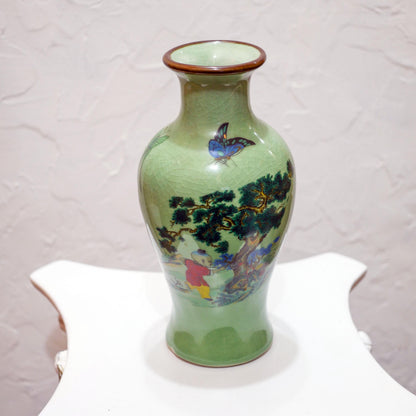 Vintage Chinese Ceramic Crackle Celadon Hand-Painted Scenic Vase - 9.5" Tall