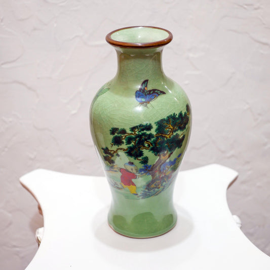 Vintage Chinese Ceramic Crackle Celadon Hand-Painted Scenic Vase - 9.5" Tall