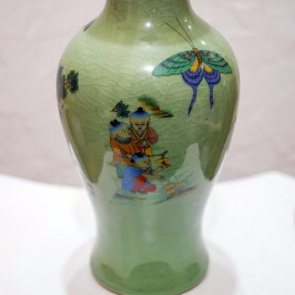 Vintage Chinese Ceramic Crackle Celadon Hand-Painted Scenic Vase - 9.5" Tall