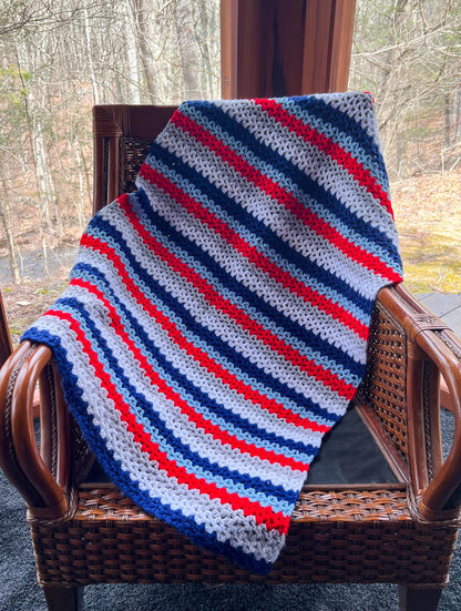 Vintage Afghan Crochet Lapghan Lap Throw Patriotic Blue Red White  - 47"x30"