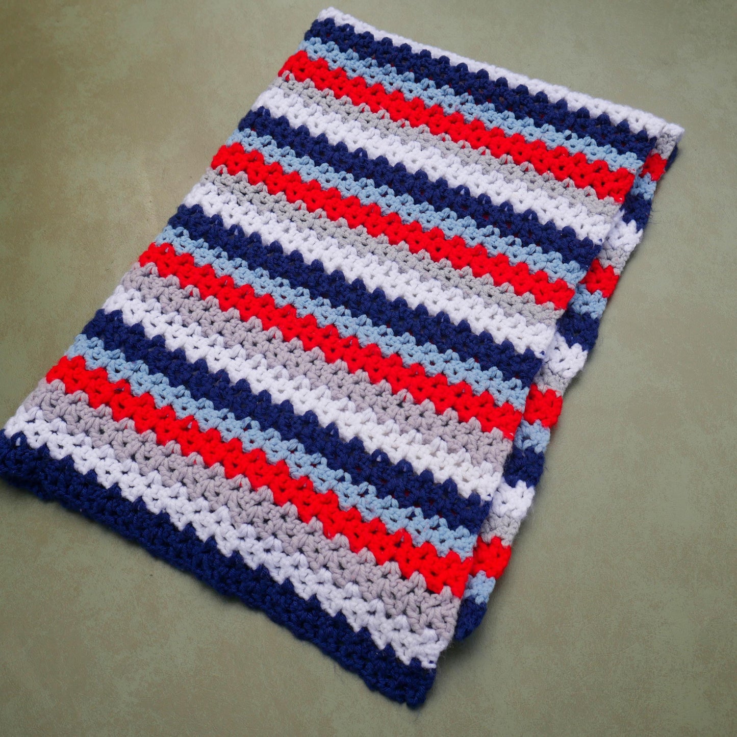 Vintage Afghan Crochet Lapghan Lap Throw Patriotic Blue Red White  - 47"x30"