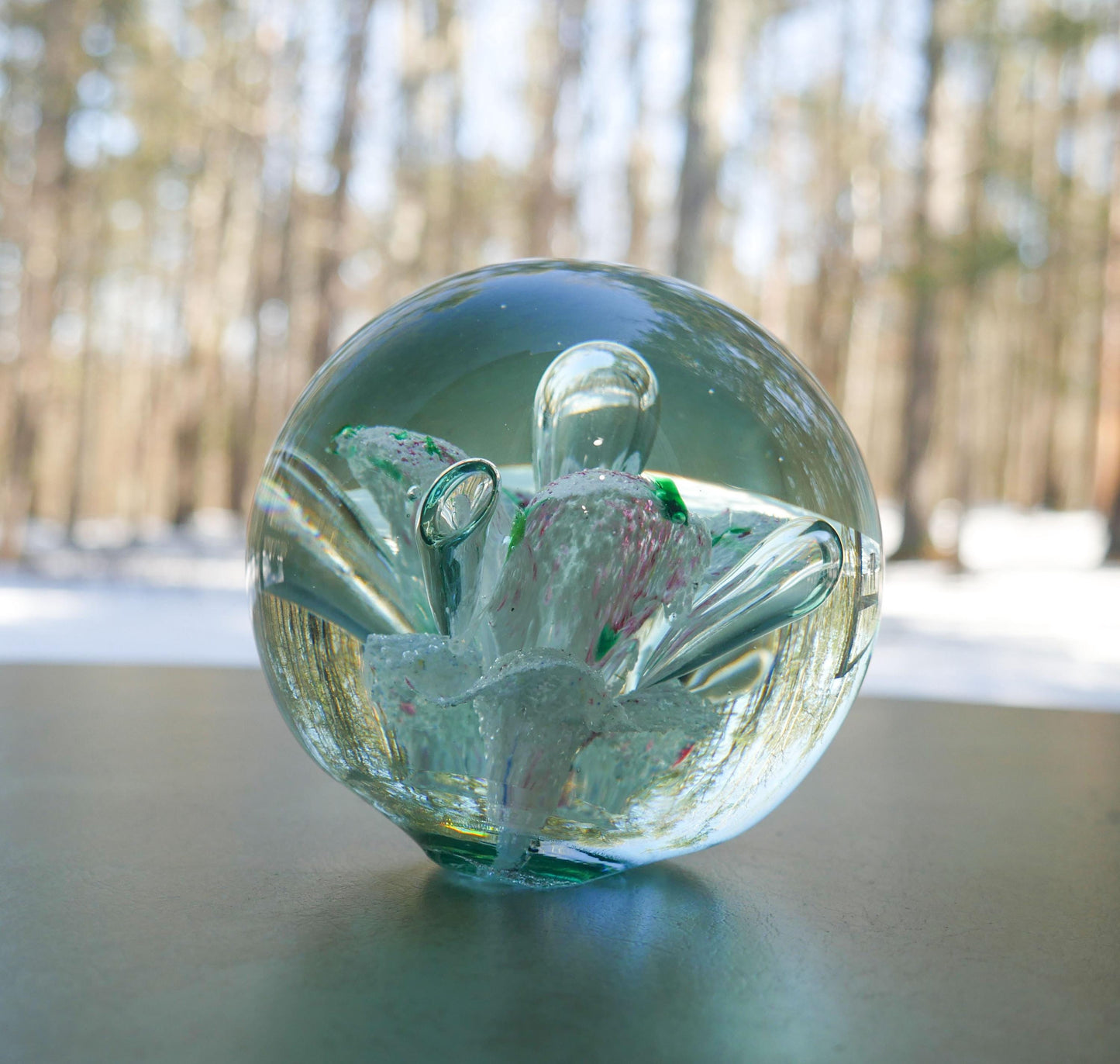 4" Heavy Vintage Hand Blown Art Glass Paperweight with Floral Inclusion
