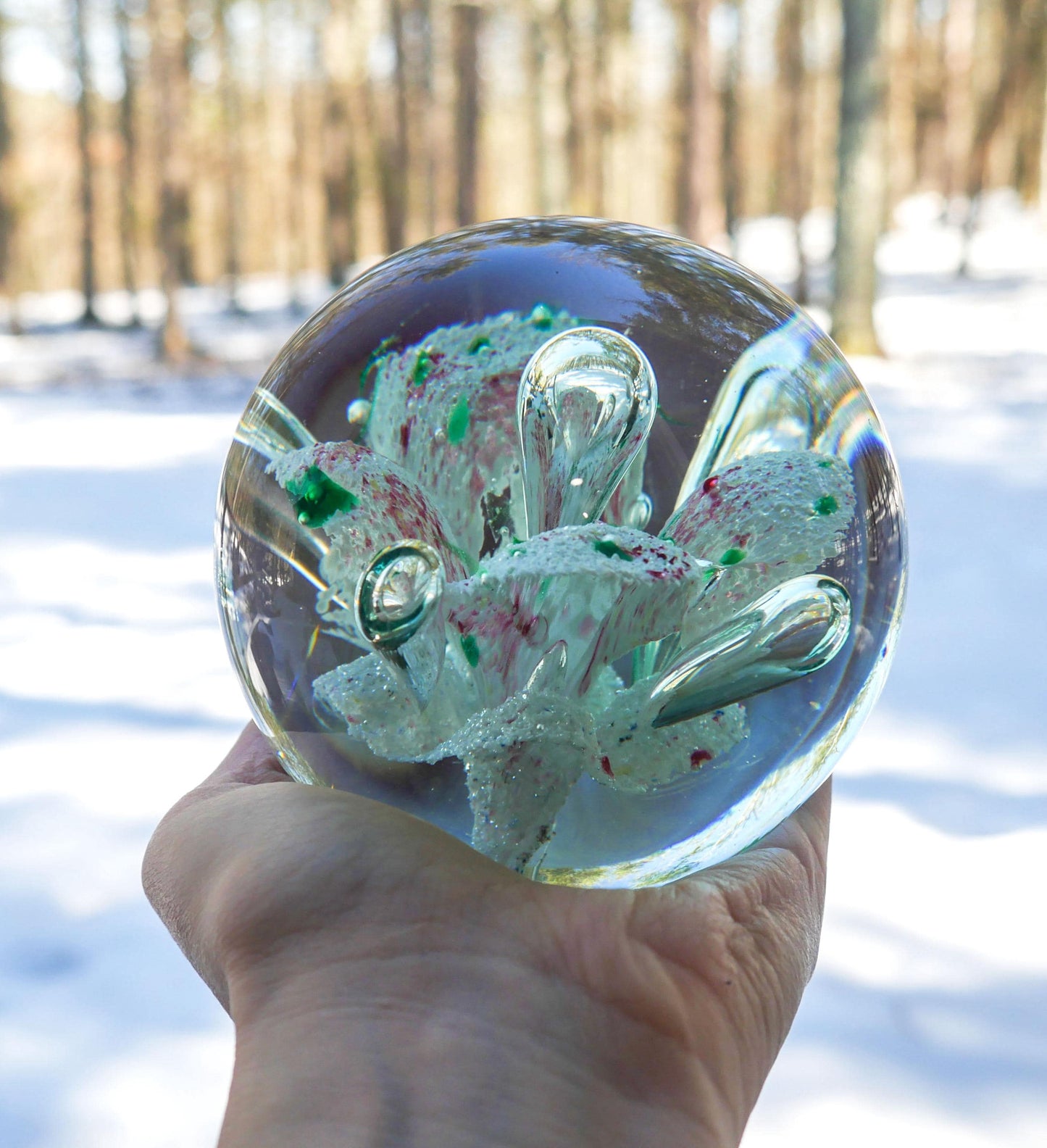 4" Heavy Vintage Hand Blown Art Glass Paperweight with Floral Inclusion