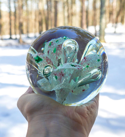 4" Heavy Vintage Hand Blown Art Glass Paperweight with Floral Inclusion