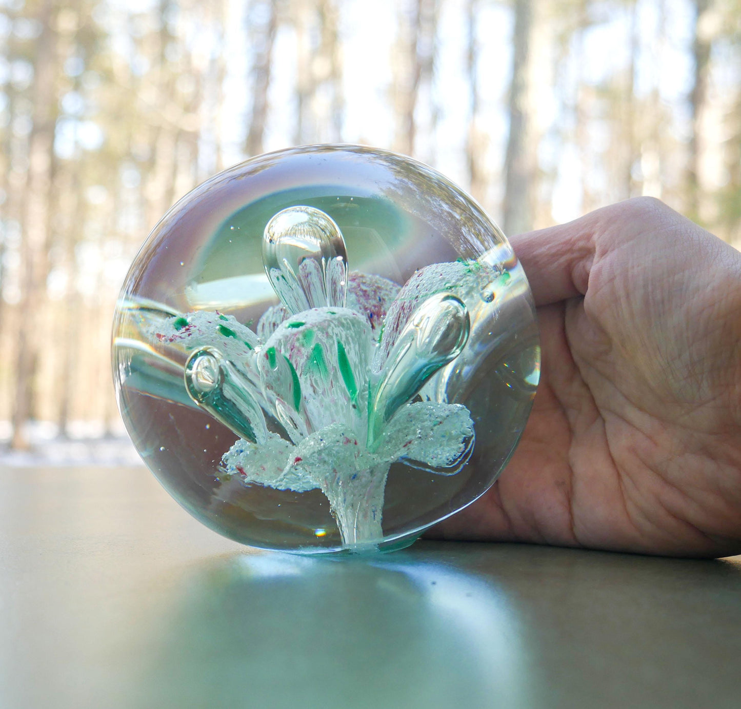 4" Heavy Vintage Hand Blown Art Glass Paperweight with Floral Inclusion