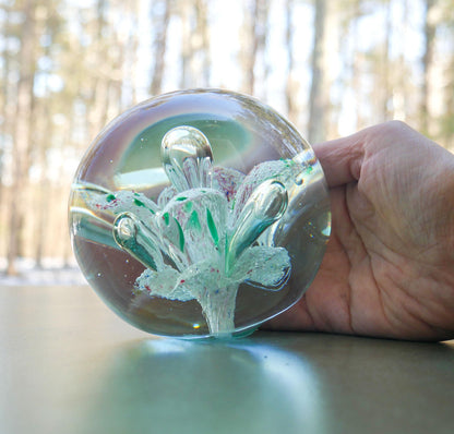 4" Heavy Vintage Hand Blown Art Glass Paperweight with Floral Inclusion