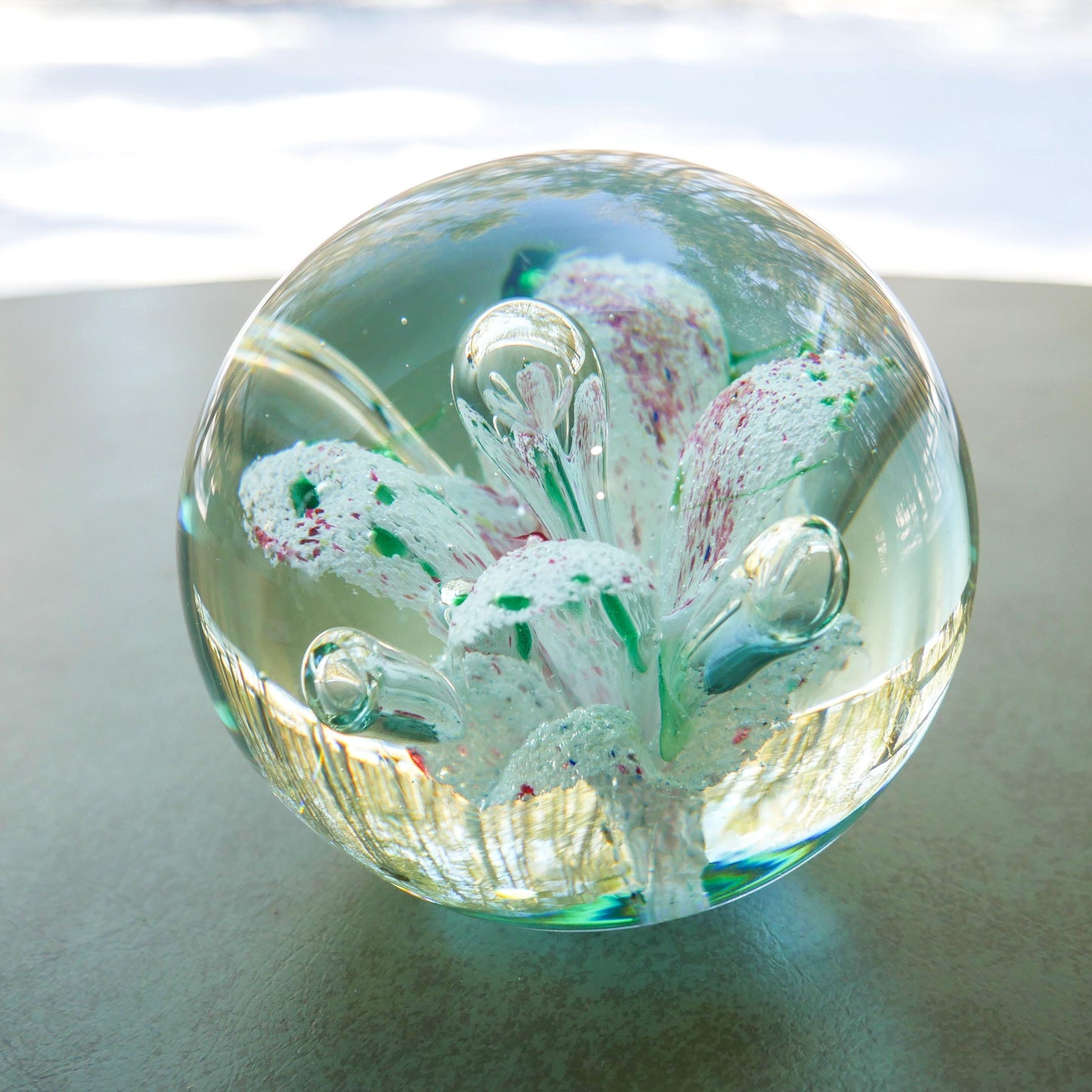 4" Heavy Vintage Hand Blown Art Glass Paperweight with Floral Inclusion