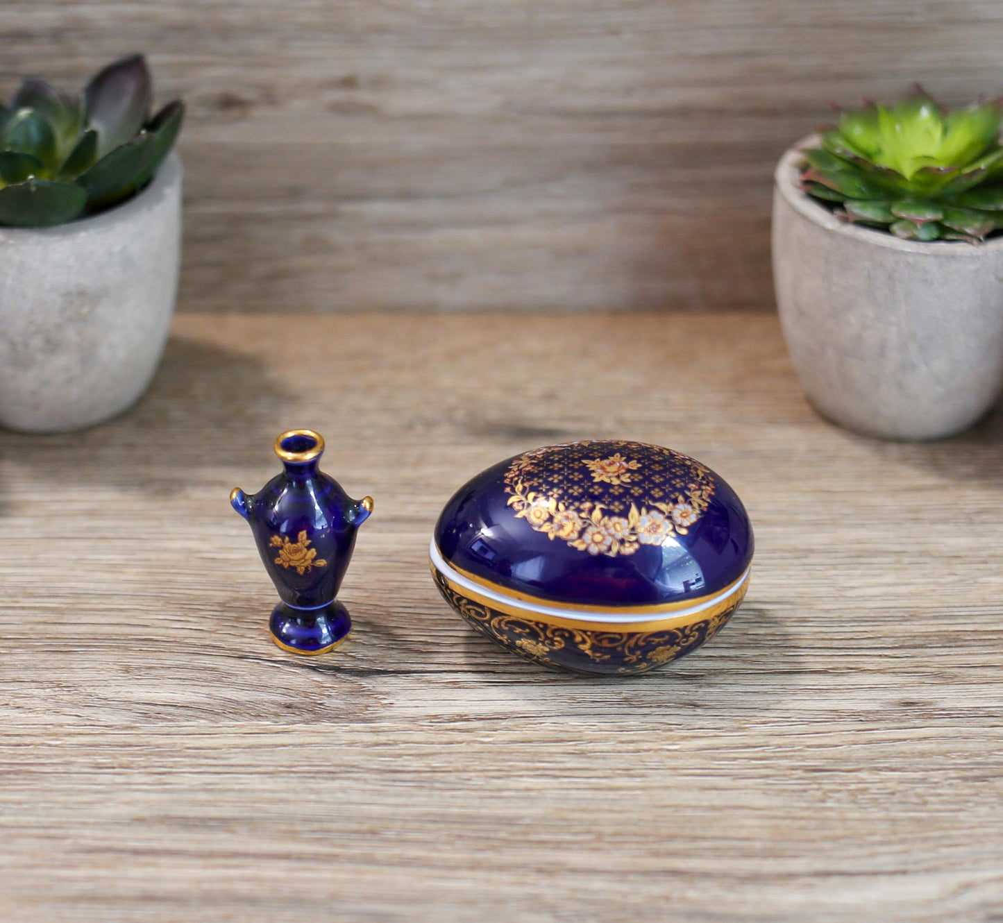 Vintage Limoges Castel Porcelain Trinket Cobalt Egg Gold Trim and Retired Miniature Urn