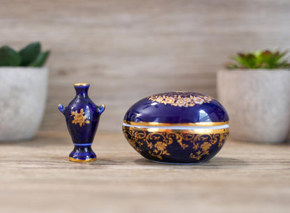 Vintage Limoges Castel Porcelain Trinket Cobalt Egg Gold Trim and Retired Miniature Urn