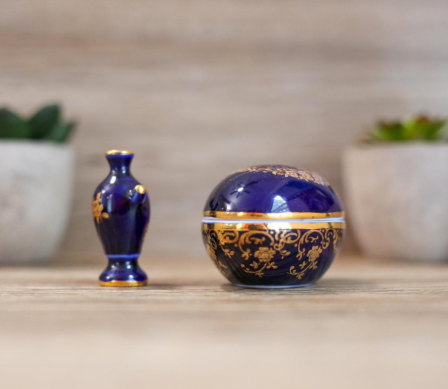 Vintage Limoges Castel Porcelain Trinket Cobalt Egg Gold Trim and Retired Miniature Urn