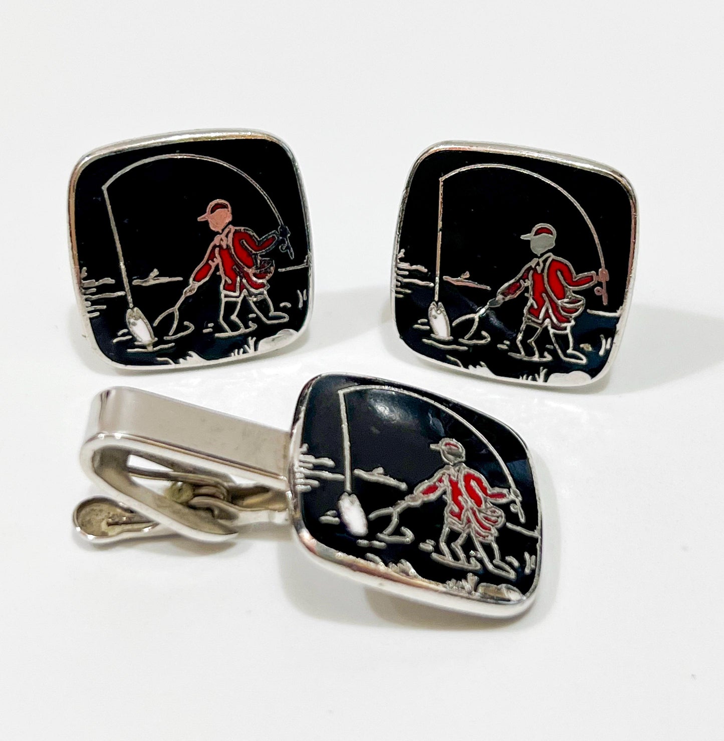 Vintage Black Enamel Silver Plated Fishing Fisherman Cufflink and Tie Clip
