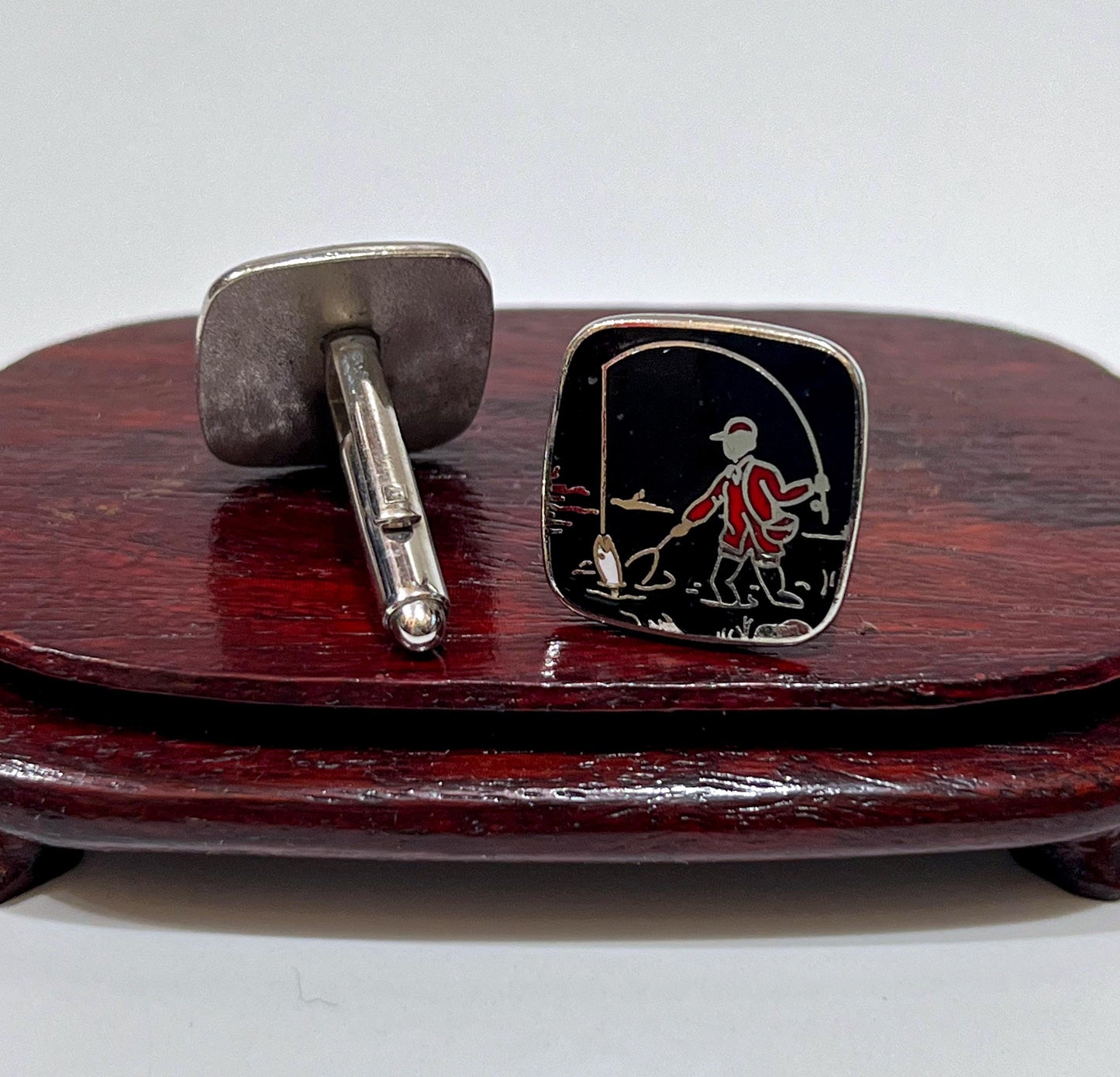 Vintage Black Enamel Silver Plated Fishing Fisherman Cufflink and Tie Clip