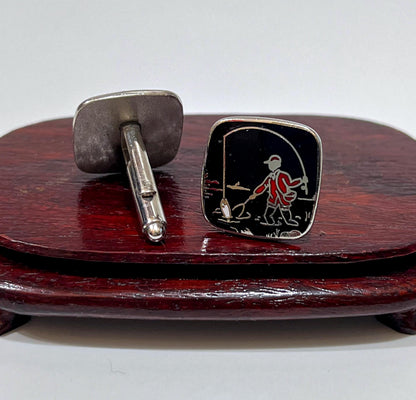 Vintage Black Enamel Silver Plated Fishing Fisherman Cufflink and Tie Clip