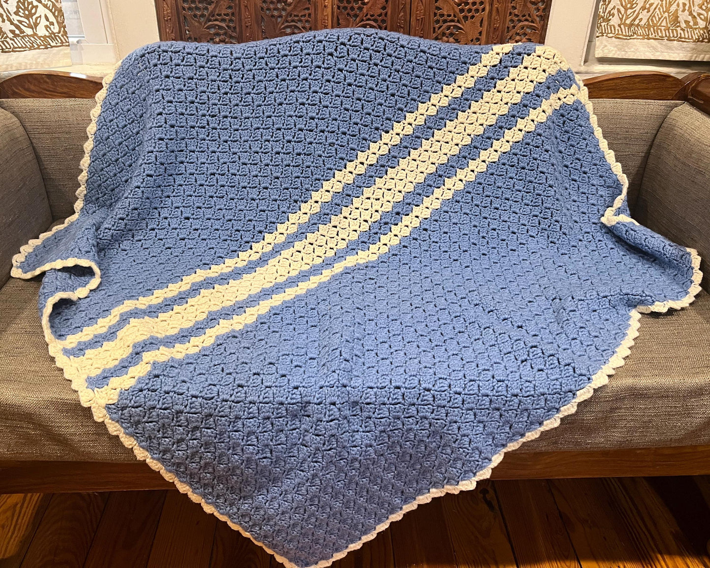 Vintage Handmade Granny Knitted Crochet Baby Blanket Sofa Throw 50"x40"